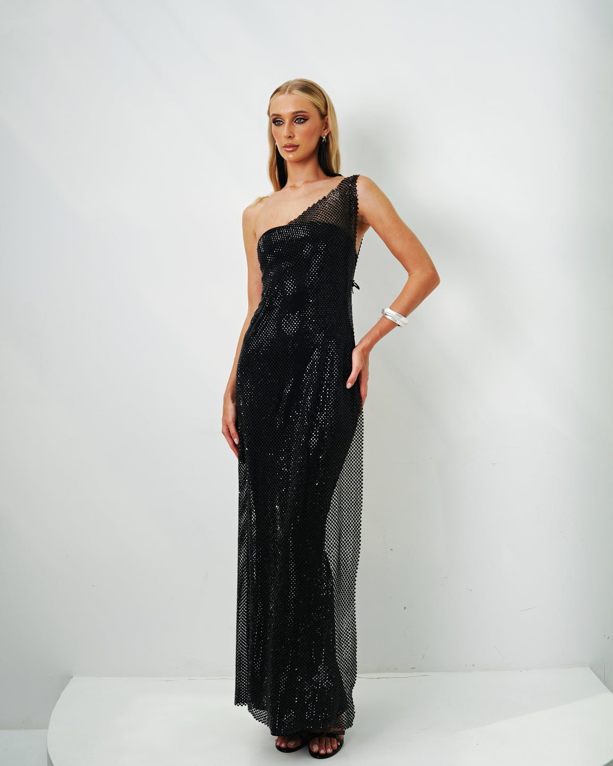 Black Crystal One-Shoulder Dress
