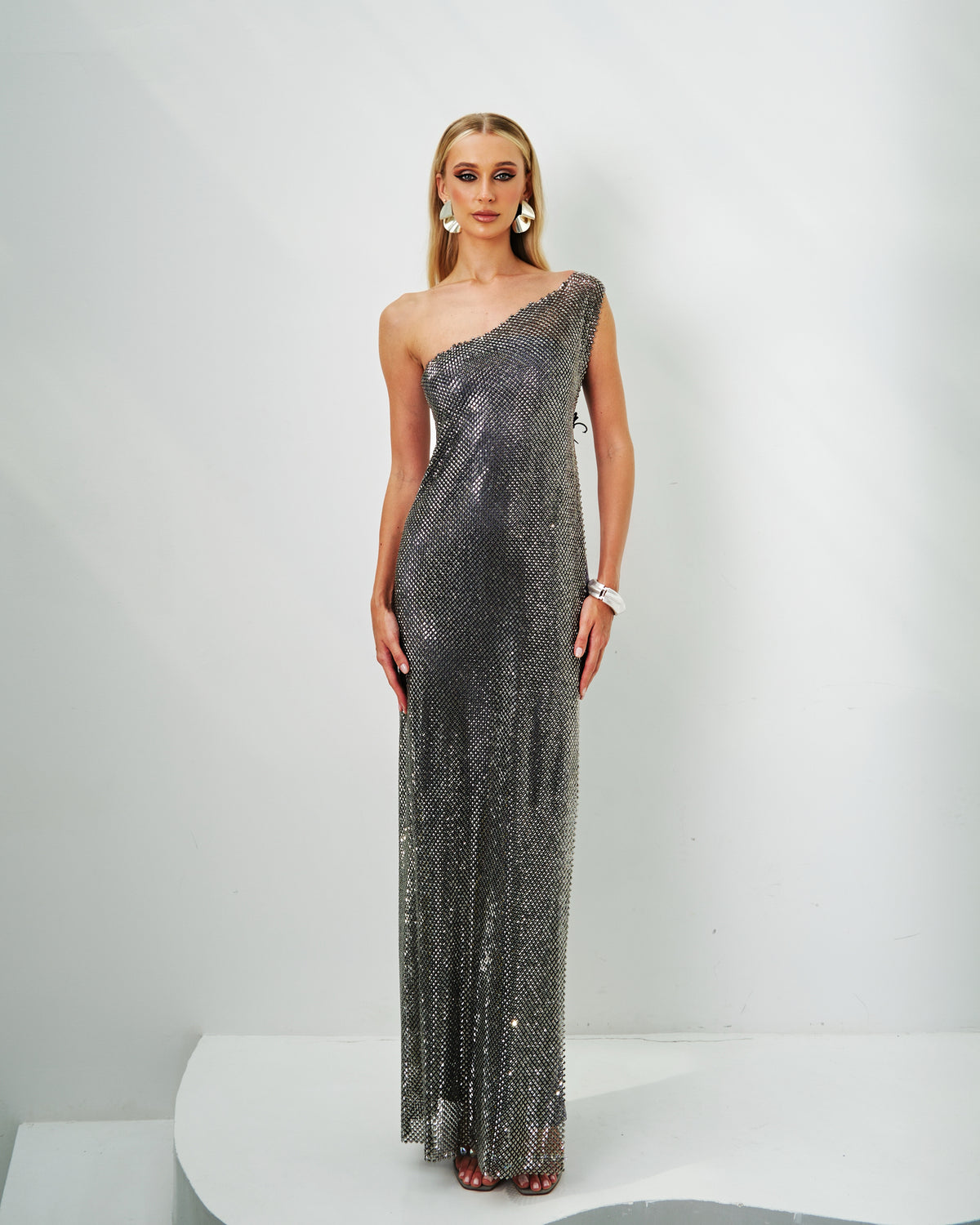 Grey Crystal One-Shoulder Dress