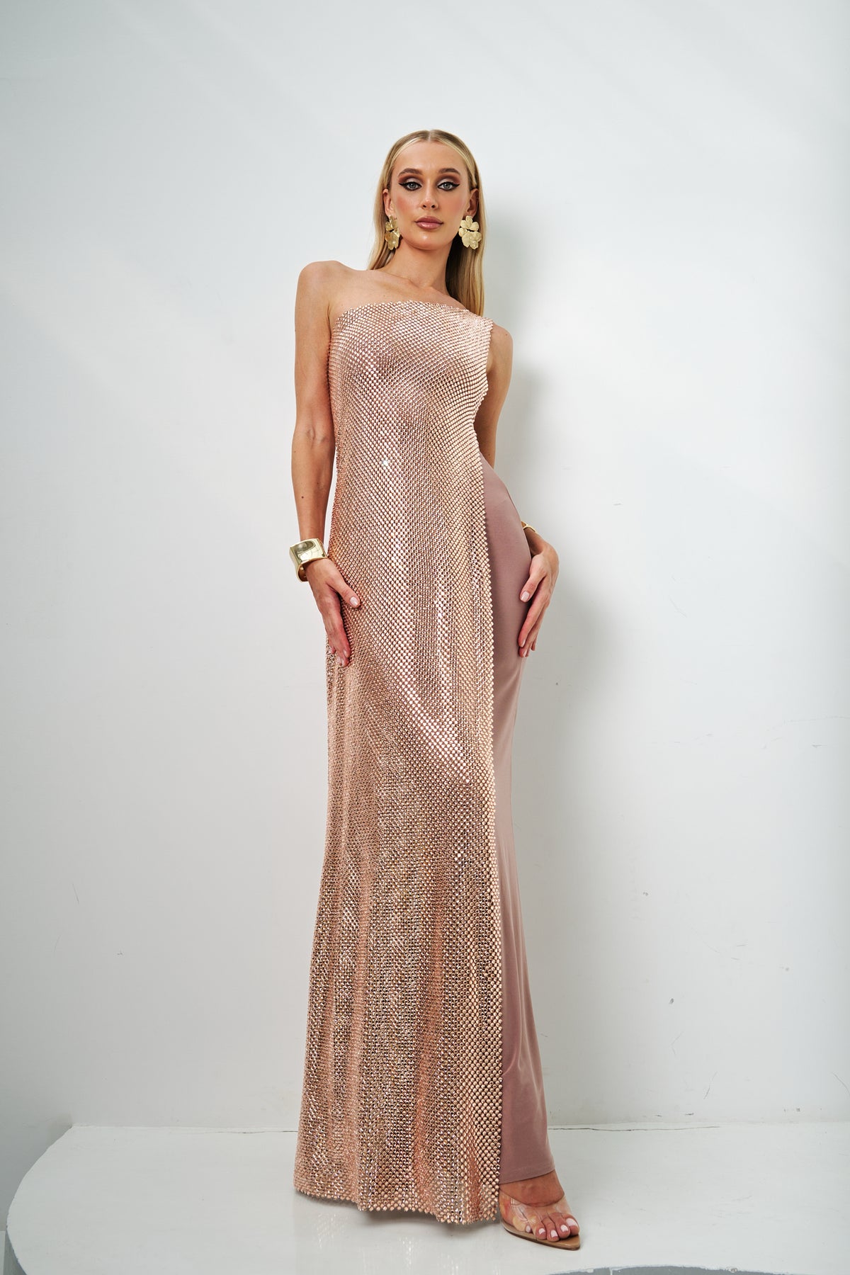 Champagne Crystal One-Shoulder Dress